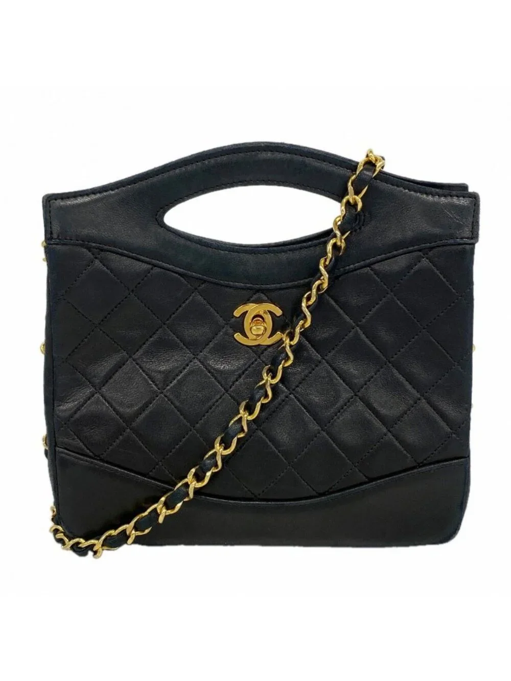 Chanel Handbag Quilted Lambskin Black Gold 2-Way